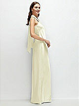 Side View Thumbnail - Butter Yellow Pleated Halter Bias Satin Maxi Dress with Self-Tie Bow Back