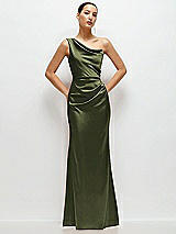 Front View Thumbnail - Olive Green One-Shoulder Cat-Eye Neckline Fit and Flare Satin Maxi Dress