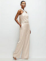 Side View Thumbnail - Oat Pleated Halter Blouson Crepe Wedding Jumpsuit with Self-Tie Bow Back