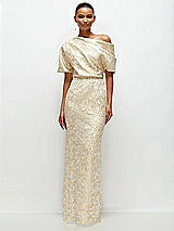 Front View Thumbnail - Champagne Filigree Asymmetrical Off-the-Shoulder Champagne Filigree Brocade Maxi Dress