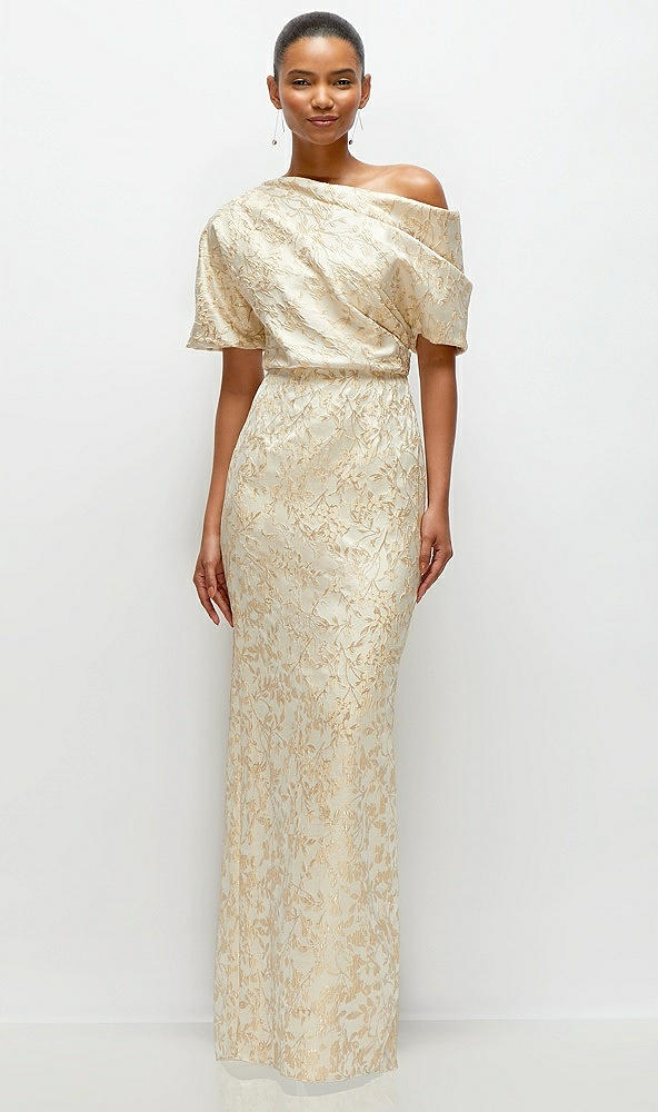 Front View - Champagne Filigree Asymmetrical Off-the-Shoulder Champagne Filigree Brocade Maxi Dress