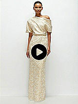 Video 1 Thumbnail - Champagne Filigree Asymmetrical Off-the-Shoulder Champagne Filigree Brocade Maxi Dress