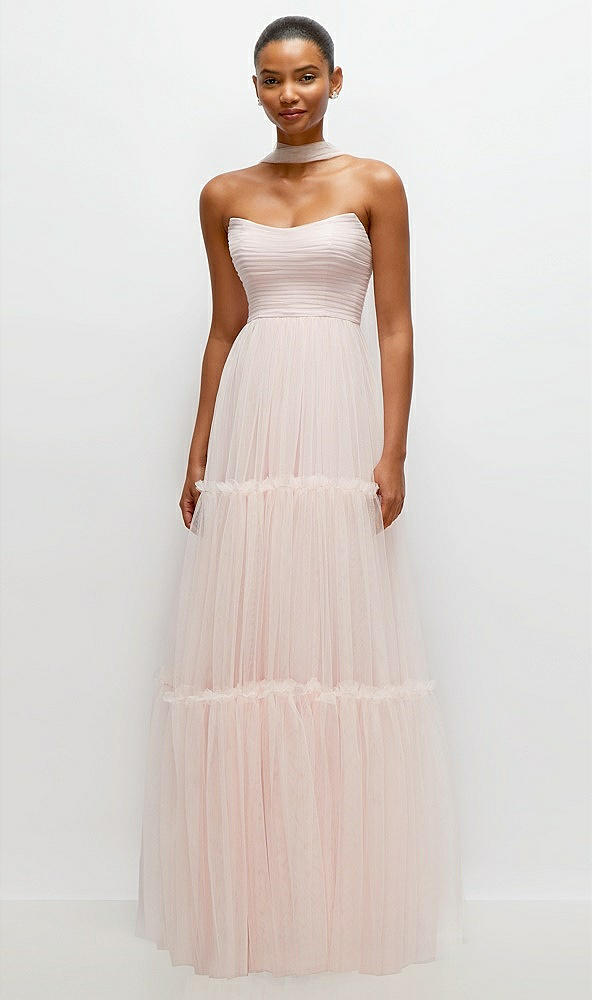 Front View - Ballet Pink Strapless Cat-Eye Neu Tulle Tiered Maxi Dress with Convertible Sash