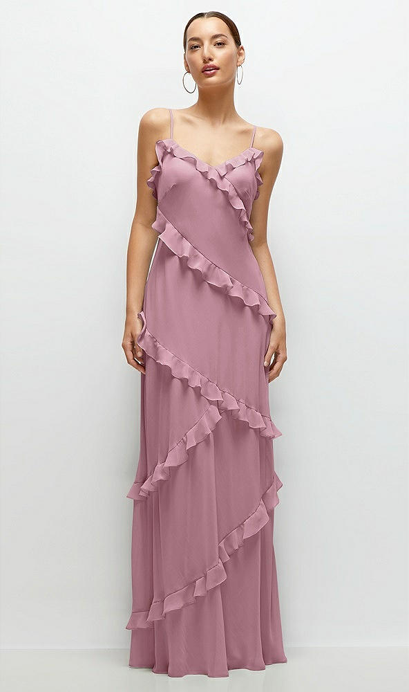 Front View - Dusty Pink Asymmetrical Ruffle Chiffon Bias Slip Maxi Dress