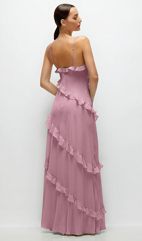 Back View - Dusty Pink Asymmetrical Ruffle Chiffon Bias Slip Maxi Dress