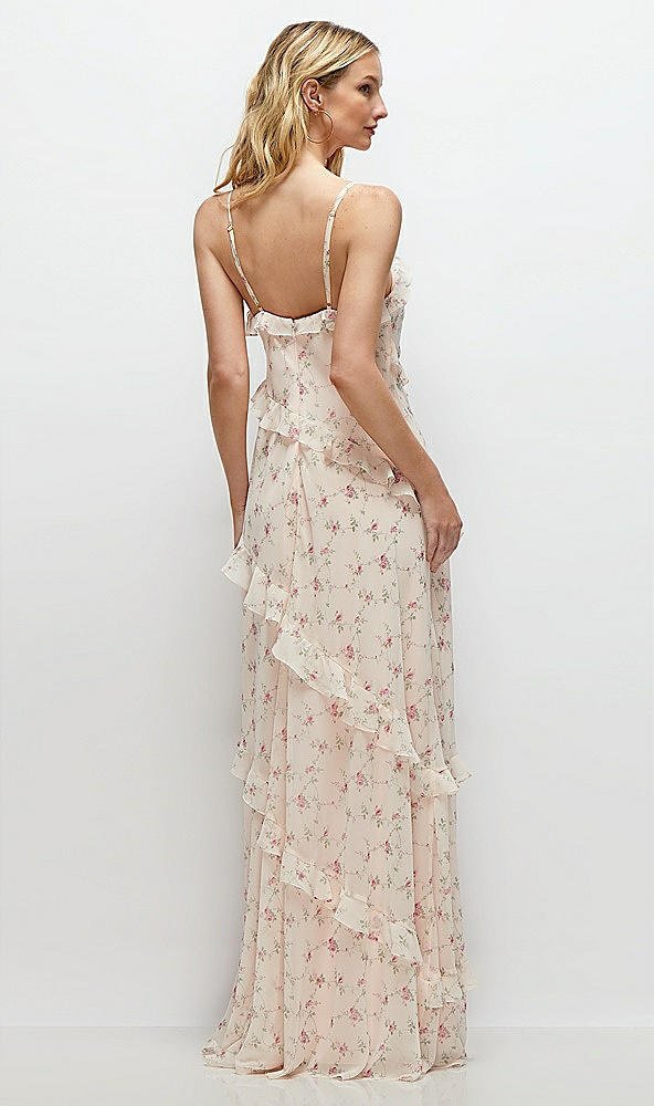 Back View - Coquette Floral Print Asymmetrical Ruffle Chiffon Bias Slip Maxi Dress