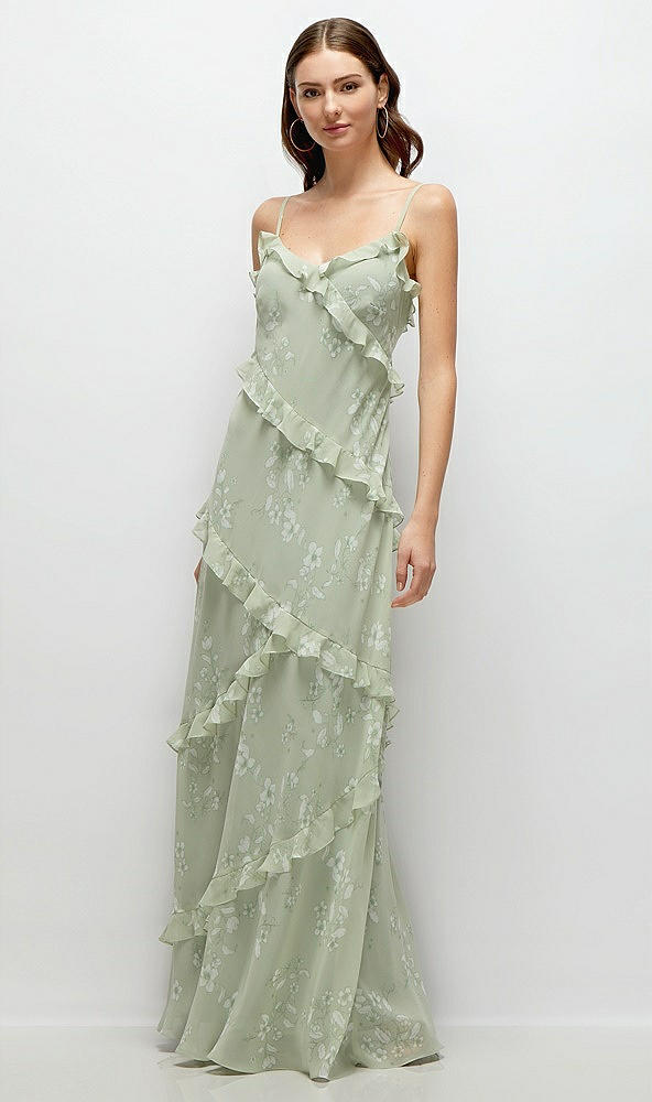 Front View - Vintage Primrose Sage Asymmetrical Ruffle Chiffon Bias Slip Maxi Dress