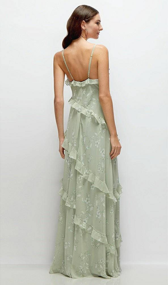 Back View - Vintage Primrose Sage Asymmetrical Ruffle Chiffon Bias Slip Maxi Dress