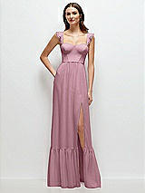 Front View Thumbnail - Dusty Pink Ruffle Strap Chiffon Bustier Maxi Dress with Ruffle Hem A-Line Skirt