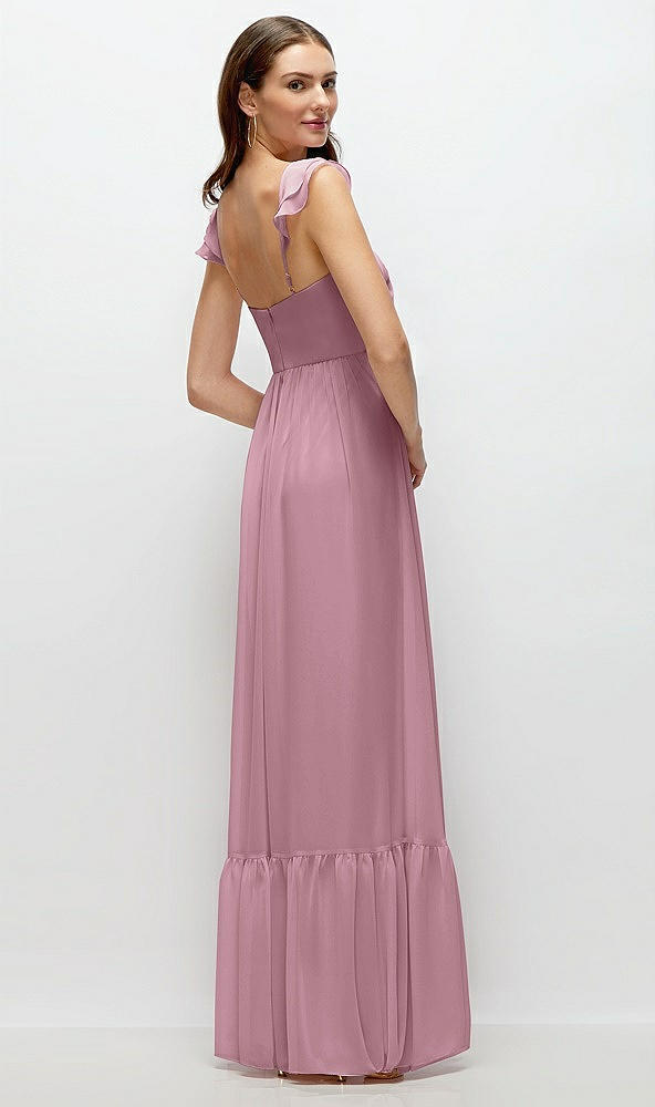 Back View - Dusty Pink Ruffle Strap Chiffon Bustier Maxi Dress with Ruffle Hem A-Line Skirt