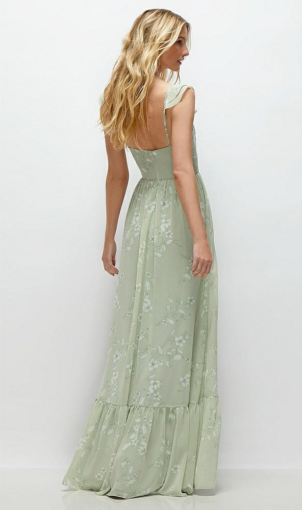 Back View - Vintage Primrose Sage Ruffle Strap Chiffon Bustier Maxi Dress with Ruffle Hem A-Line Skirt