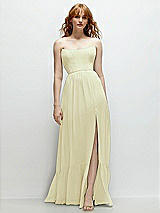 Front View Thumbnail - Butter Yellow Strapless Cat-Eye Corset Maxi Dress with Ruffle Hem A-Line Skirt