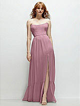 Front View Thumbnail - Dusty Pink Strapless Cat-Eye Corset Maxi Dress with Ruffle Hem A-Line Skirt