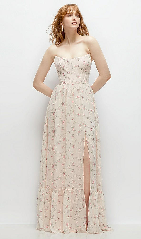 Front View - Coquette Floral Print Strapless Cat-Eye Corset Maxi Dress with Ruffle Hem A-Line Skirt