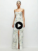 Video 1 Thumbnail - Coquette Floral Print Bustier-Style Chiffon Tiered Ruffle Maxi Dress with Adjustable Straps