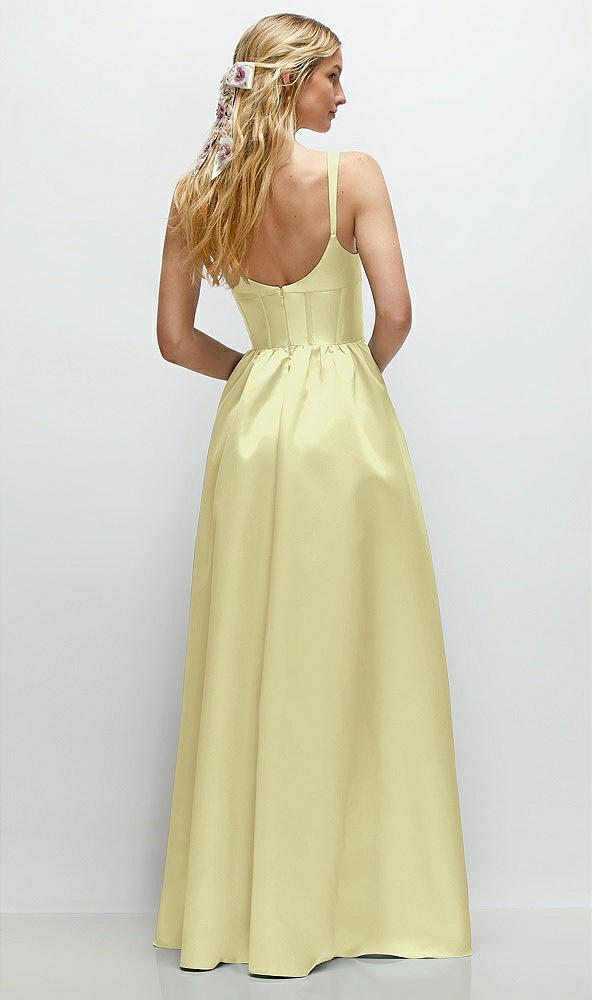 Back View - Butter Yellow Scoop Neck Inset Corset Satin Maxi Dress with Pockets