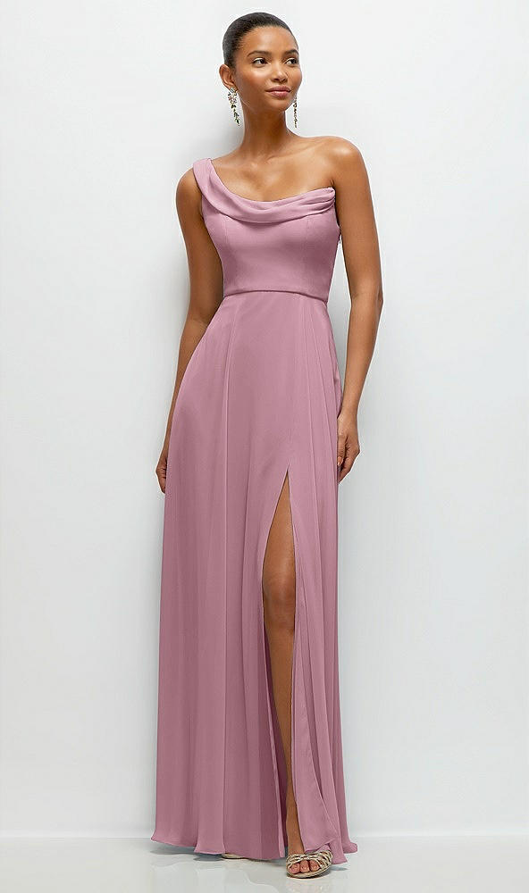 Front View - Dusty Pink Chiffon One-Shoulder Maxi Dress with Draped Cowl Neckline