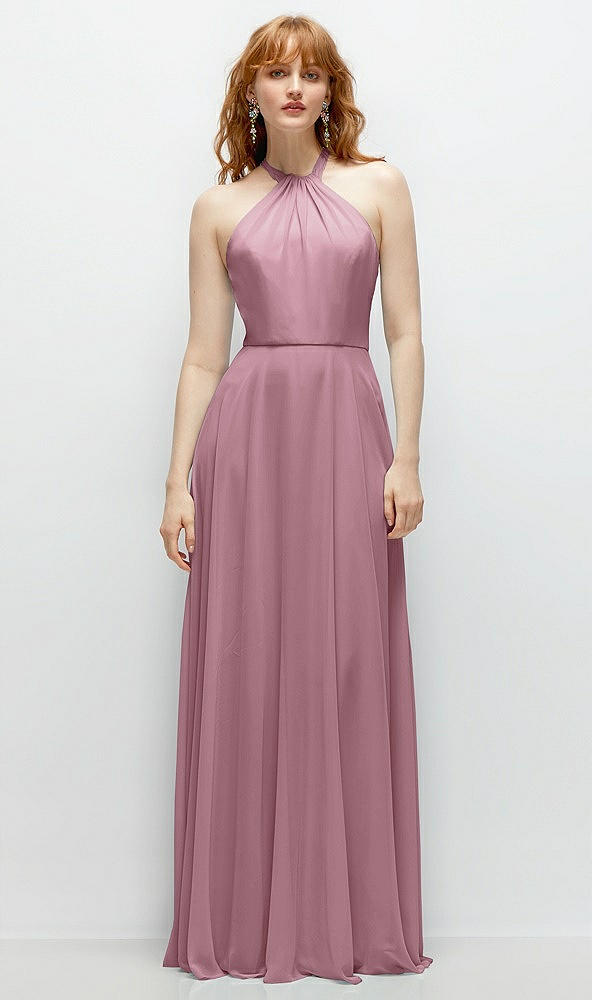 Front View - Dusty Pink Shirred Halter Chiffon Maxi Dress with Back Sash-Tie Closure