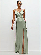 Front View Thumbnail - Sage Pleated Faux Wrap Satin Maxi Dress with Adjustable Spaghetti Straps