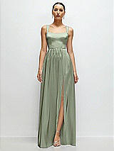 Front View Thumbnail - Sage Shaped Strap Portrait Neckline Fluid Satin Maxi Dress with Full Skirt