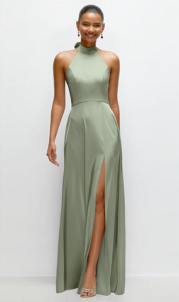 Front View - Sage Band Collar Halter Open Back Fluid Satin Maxi Dress with Self-Tie Bow