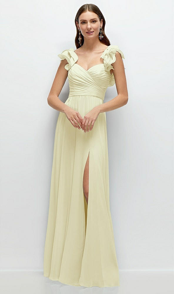 Front View - Butter Yellow Dramatic Ruffle Edge Strap Chiffon Maxi Dress