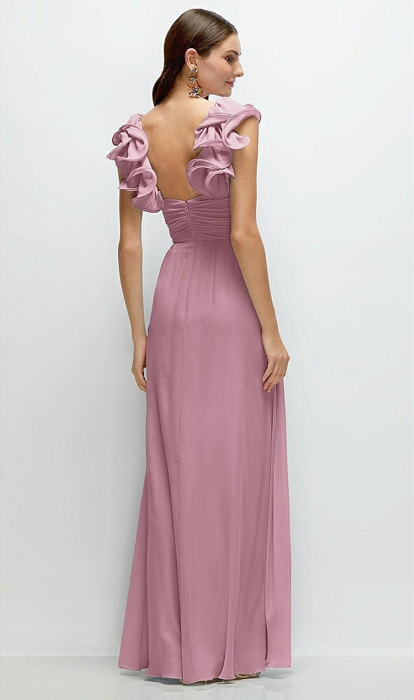 Back View - Dusty Pink Dramatic Ruffle Edge Strap Chiffon Maxi Dress