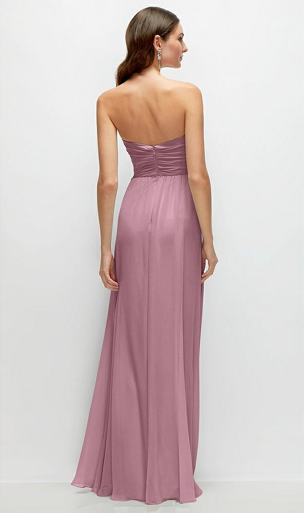 Back View - Dusty Pink Strapless Pleated Surplice Chiffon Maxi Dress with A-Line Skirt