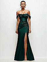 Front View Thumbnail - Evergreen Cowl Neck Off-the-Shoulder Stretch Satin Fit and Flare Corset Maxi Dress