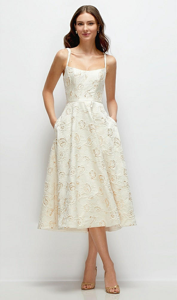 Front View - Ivory Gold Rosette Scoop Neck Ivory Gold Rosette Midi Dress with Horsehair Hem