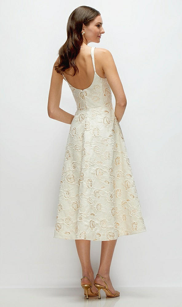 Back View - Ivory Gold Rosette Scoop Neck Ivory Gold Rosette Midi Dress with Horsehair Hem