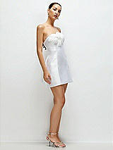 Side View Thumbnail - White Strapless Satin Litte White Mini Dress with Handmade Flower Detail