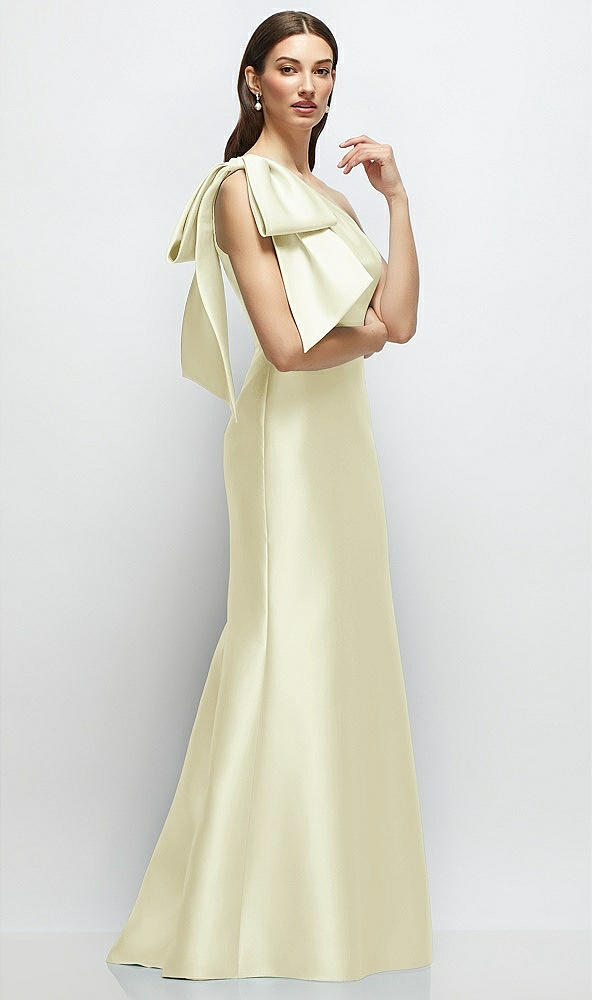 Front View - Butter Yellow Bow One-Shoulder Satin Maxi Dress with Trumpet Skirt