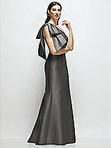 Front View Thumbnail - Caviar Gray Bow One-Shoulder Satin Maxi Dress with Trumpet Skirt