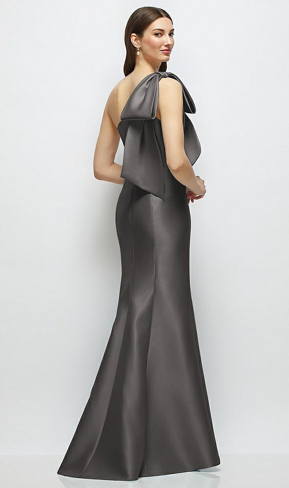 Back View - Caviar Gray Bow One-Shoulder Satin Maxi Dress with Trumpet Skirt