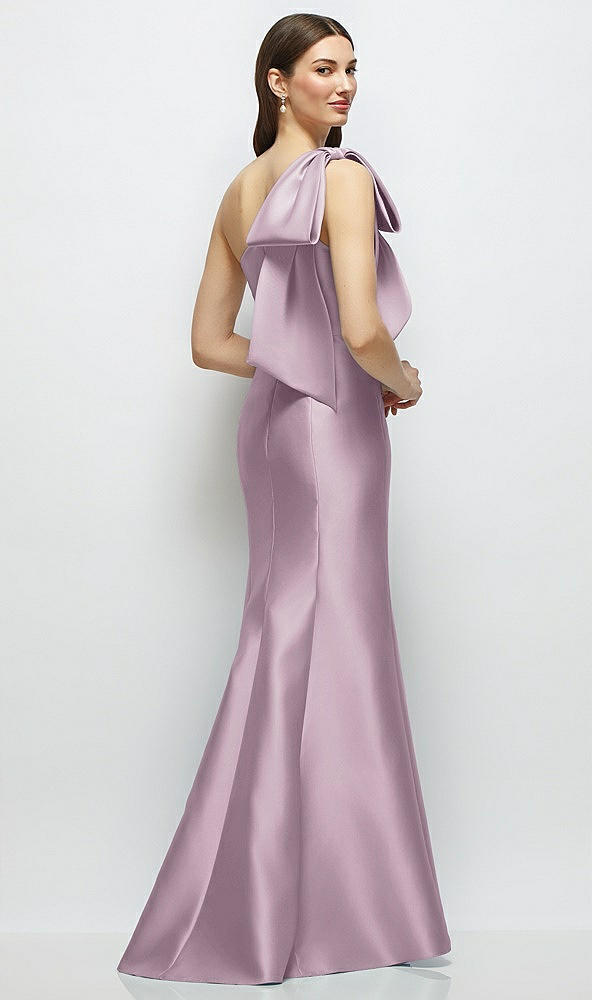 Back View - Suede Rose Bow One-Shoulder Satin Maxi Dress with Trumpet Skirt