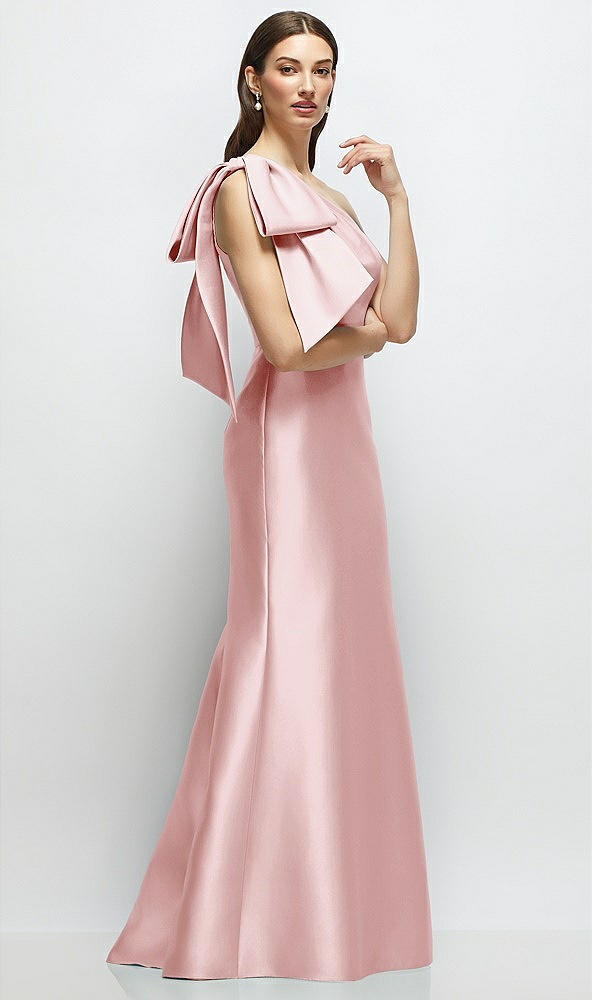 Front View - Ballet Pink Bow One-Shoulder Satin Maxi Dress with Trumpet Skirt