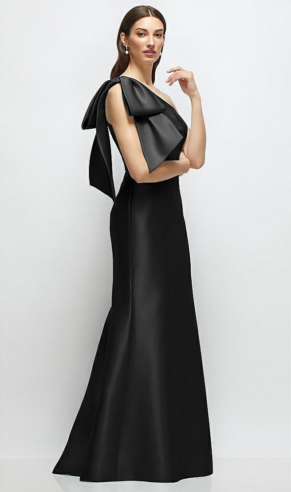 Front View - Black Bow One-Shoulder Satin Maxi Dress with Trumpet Skirt