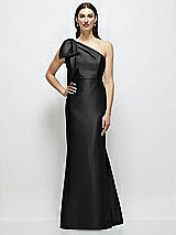 Side View Thumbnail - Black Bow One-Shoulder Satin Maxi Dress with Trumpet Skirt