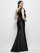 Rear View Thumbnail - Black Bow One-Shoulder Satin Maxi Dress with Trumpet Skirt