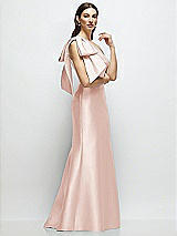 Front View Thumbnail - Blush Bow One-Shoulder Satin Maxi Dress with Trumpet Skirt