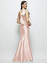 Rear View Thumbnail - Blush Bow One-Shoulder Satin Maxi Dress with Trumpet Skirt