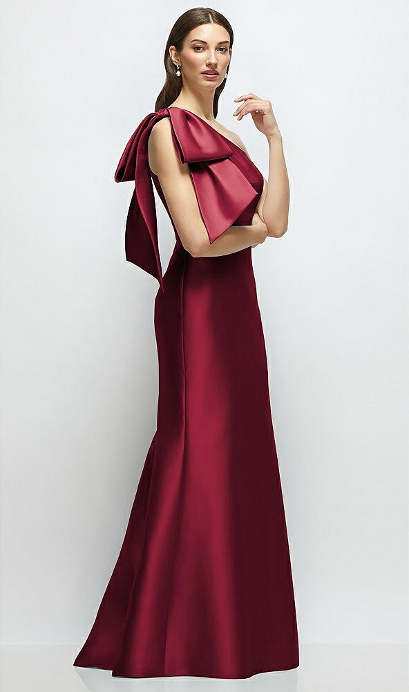 Front View - Burgundy Bow One-Shoulder Satin Maxi Dress with Trumpet Skirt