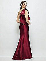 Rear View Thumbnail - Burgundy Bow One-Shoulder Satin Maxi Dress with Trumpet Skirt