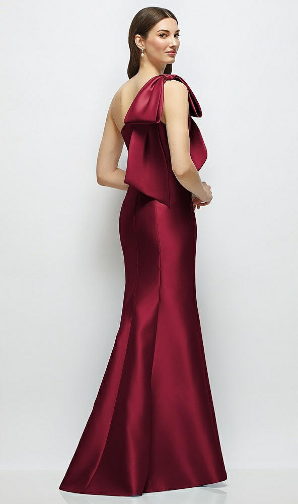 Back View - Burgundy Bow One-Shoulder Satin Maxi Dress with Trumpet Skirt