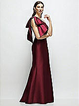 Front View Thumbnail - Cabernet Bow One-Shoulder Satin Maxi Dress with Trumpet Skirt