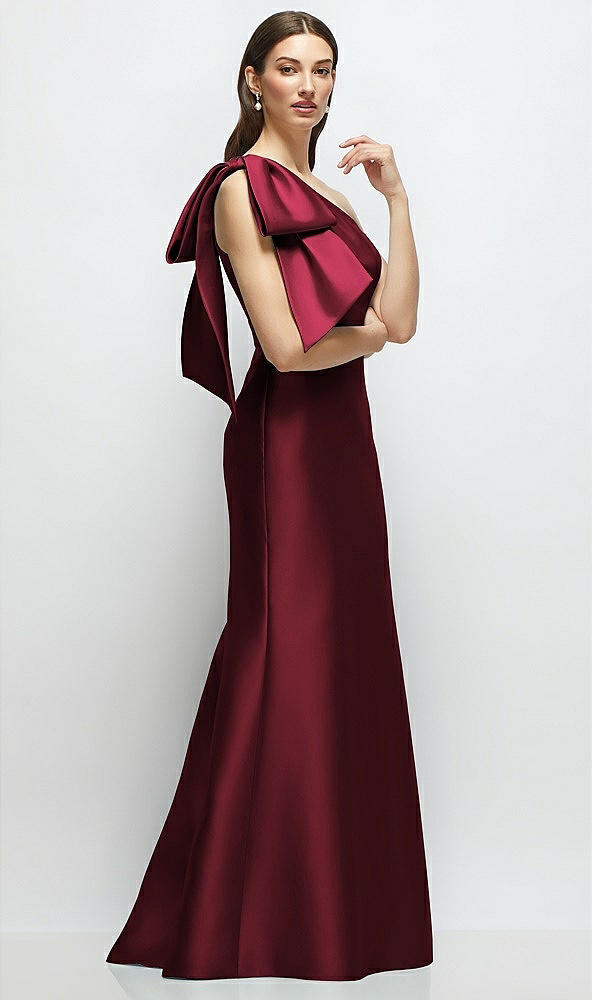 Front View - Cabernet Bow One-Shoulder Satin Maxi Dress with Trumpet Skirt