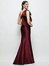 Rear View Thumbnail - Cabernet Bow One-Shoulder Satin Maxi Dress with Trumpet Skirt