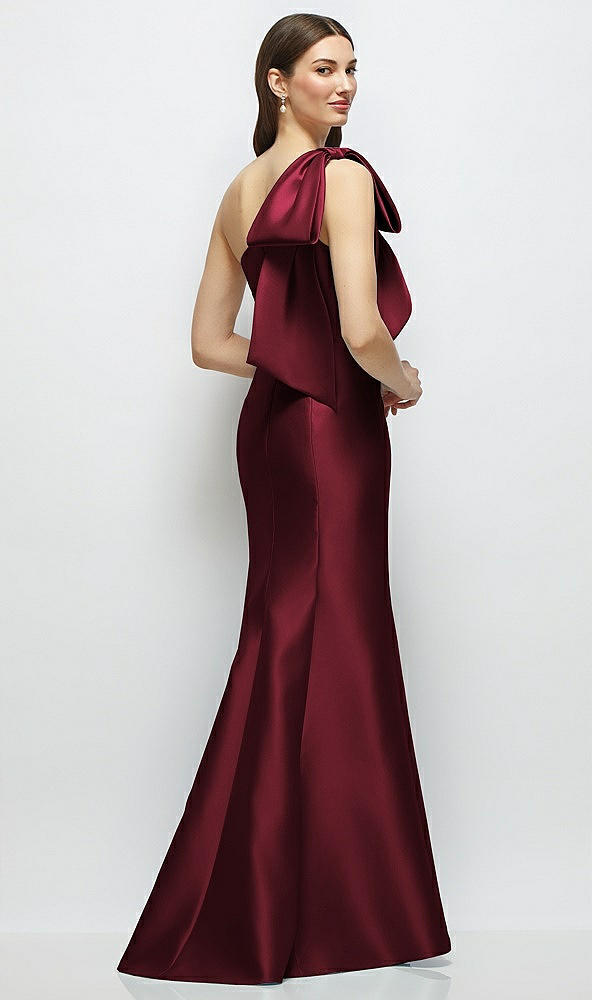 Back View - Cabernet Bow One-Shoulder Satin Maxi Dress with Trumpet Skirt