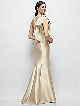 Rear View Thumbnail - Champagne Bow One-Shoulder Satin Maxi Dress with Trumpet Skirt